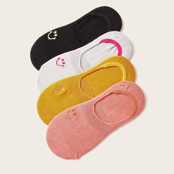 

4pairs Smiley Embroidery Invisible Socks, Multicolor