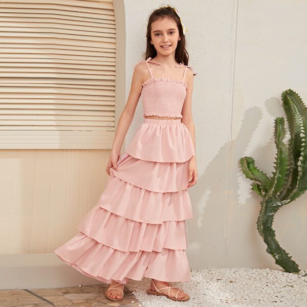 

Girls Knot Strap Frill Trim Shirred Top & Layered Skirt Set, Pink pastel