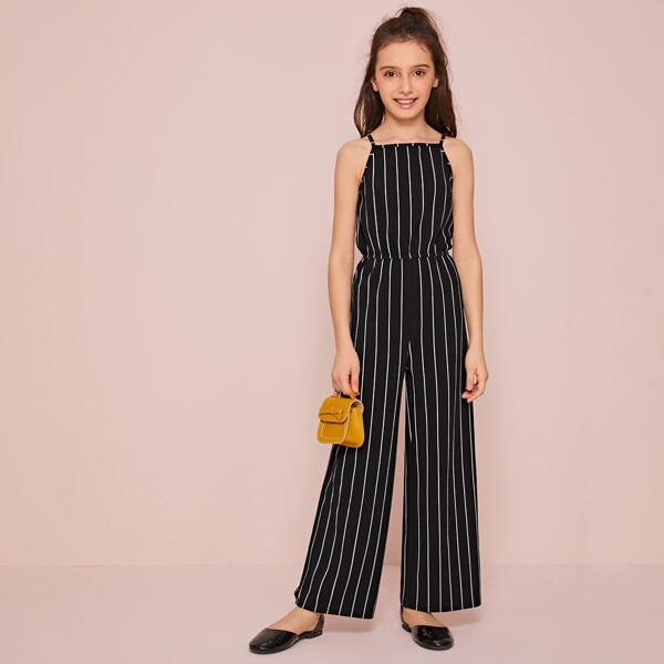 

Girls Zipper Back Striped Slip Palazzo Jumpsuit, Black