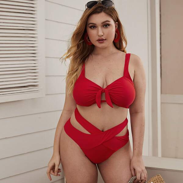 

Plus Tie Front Wrap Bikini Swimsuit, Red