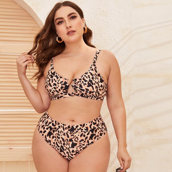 

Plus Leopard Cut-out High Waisted Bikini Swimsuit, Multicolor