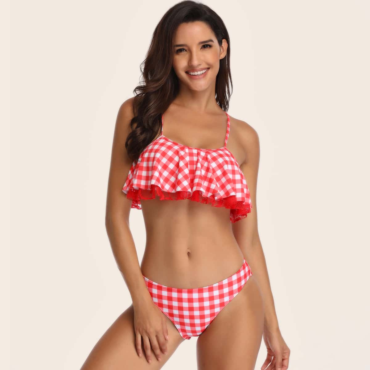 

Gingham Lace Trim Bikini Swimsuit, Red