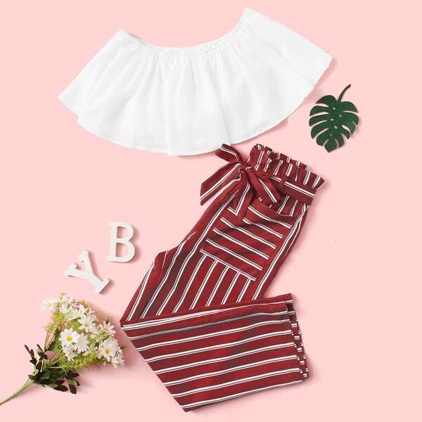 

Girls Flounce Top & Paperbag Waist Patch Pocket Striped Pants Set, Multicolor