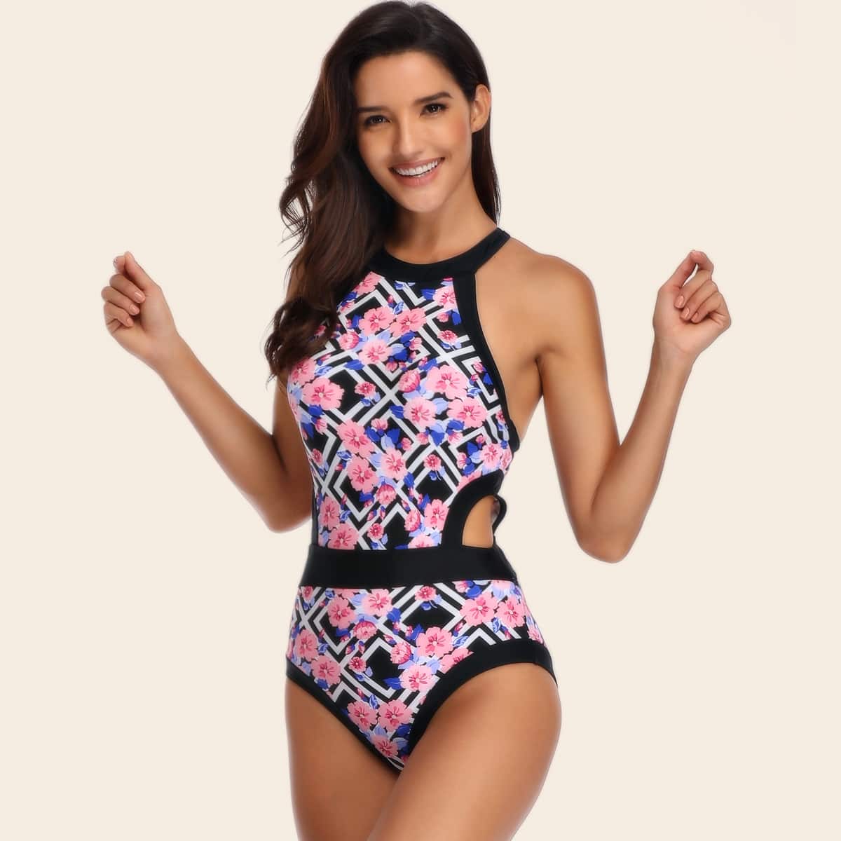 

Floral Cut-out Detail One Piece Swimsuit, Multicolor