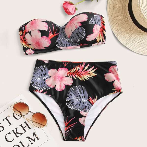 

Random Floral Push Up Bandeau High Waisted Bikini Swimsuit, Multicolor