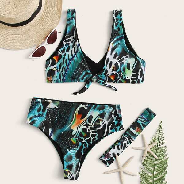 

Random Animal Print Tie Front Bikini Swimsuit With Headband, Multicolor