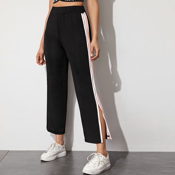 

Contrast Panel Zipper Side Pants, Black