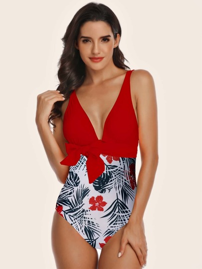Palm Random Print Bow Tie One Piece Swimsuit