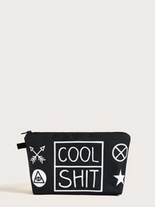 Geometric & Letter Graphic Makeup Bag - Black and White - View 1