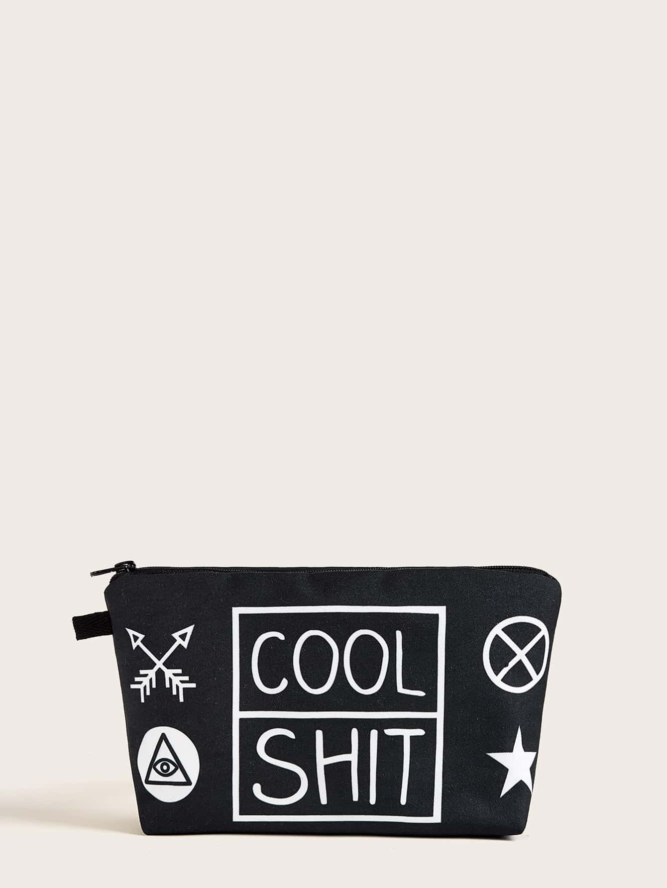 Geometric & Letter Graphic Makeup Bag - Black and White - View 1