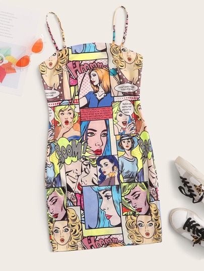 Vestido slip con estampado de cómic
