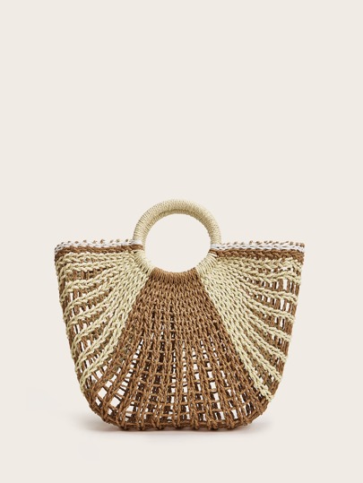 Colorblock Braided Ring Handle Tote Bag