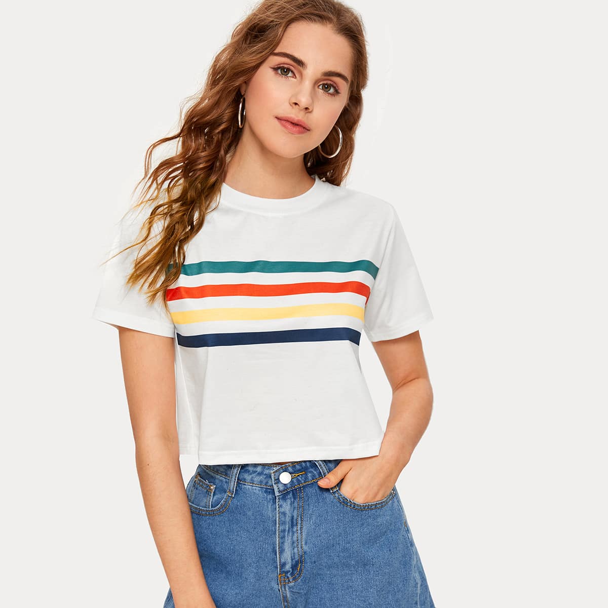 

Colorful Striped Crop Tee, White
