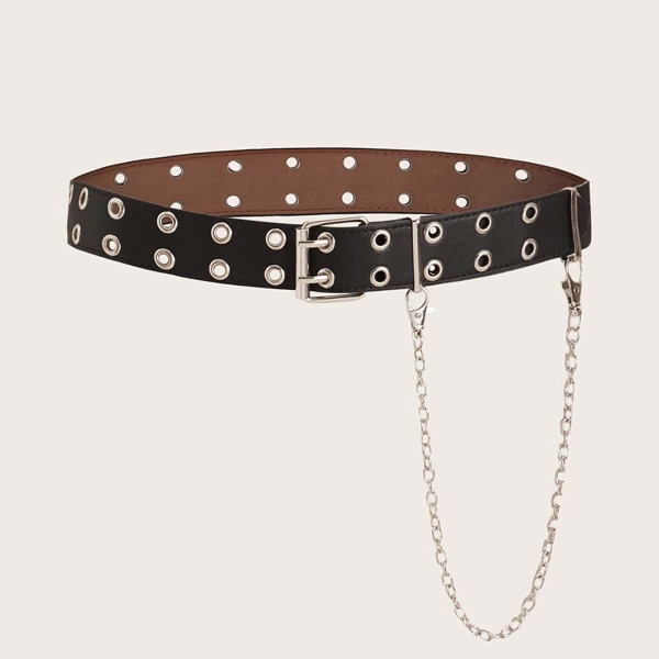 

Chain Decor PU Buckle Belt, Black