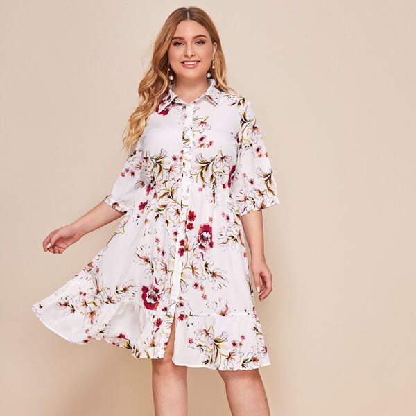 

Plus Floral Button Through Shirt Dress, White