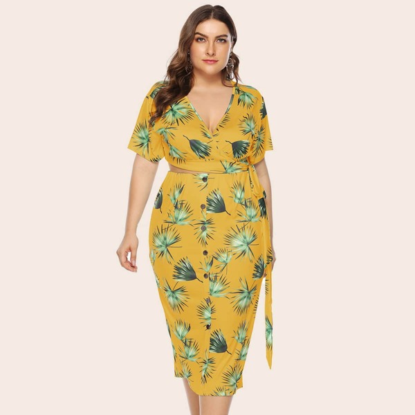 

Plus Tropical Print Tie Side Top With Skirt, Yellow