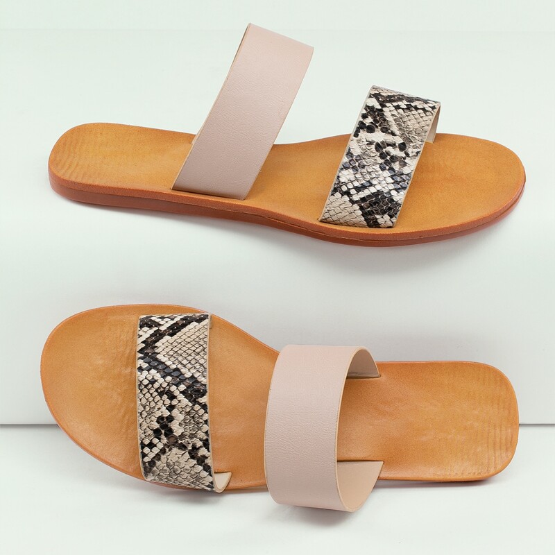 

Snakeskin Double Band Open Toe Slide Sandals, Multicolor