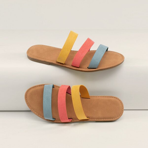 

Multi Colored Triple Band Flat Slide Sandals, Multicolor