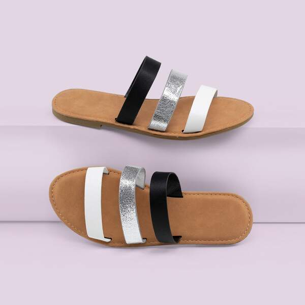 

Colorblock Three Open Toe Band Slide Sandals, Multicolor