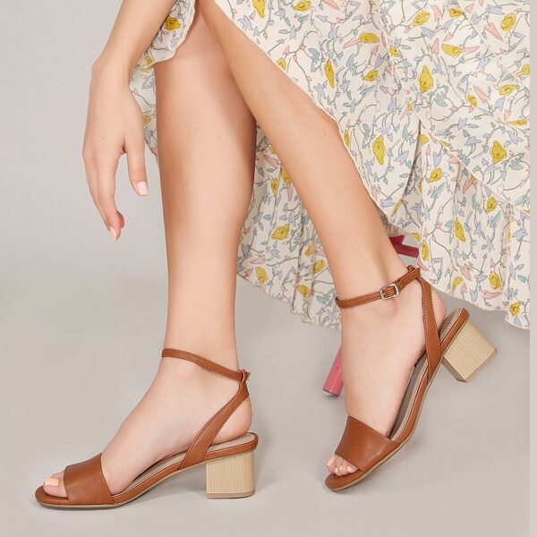 

Block Wood Detail Heel Buckled Ankle Sandals, Brown