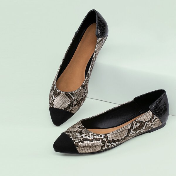 

Pointy Toe Cap Snakeskin Slip On Ballerina Flats, Multicolor