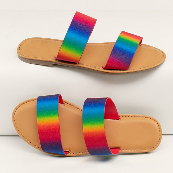

Rainbow Glitter Twin Band Open Toe Slide Sandals, Multicolor