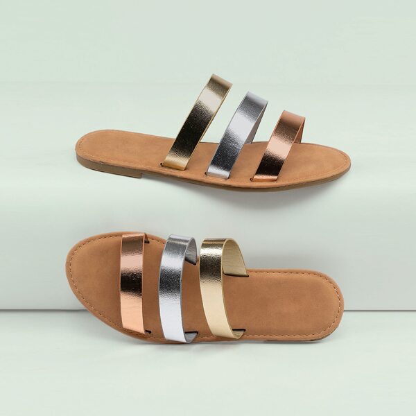 

Metallic Three Band Open Toe Slide Sandals, Multicolor