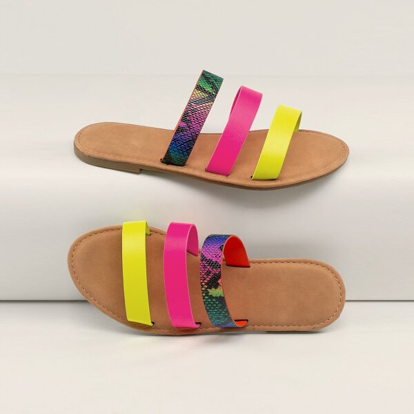 

Neon Snakeskin Three Band Slide Sandals, Multicolor