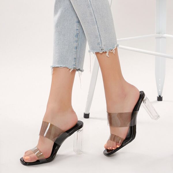 

Square Toe Double PVC Band Clear Heel Mules, Black