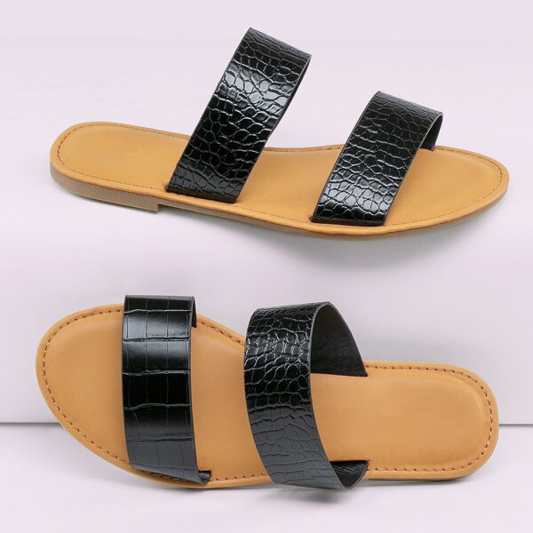 

Crocodile Detail Double Band Flat Slide Sandals, Black
