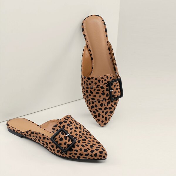 

Cheetah Pointy Toe Buckle Accent Open Back Flats, Multicolor