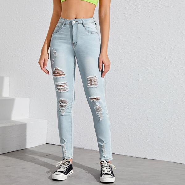

Washed Ripped Solid Skinny Jeans, Blue pastel