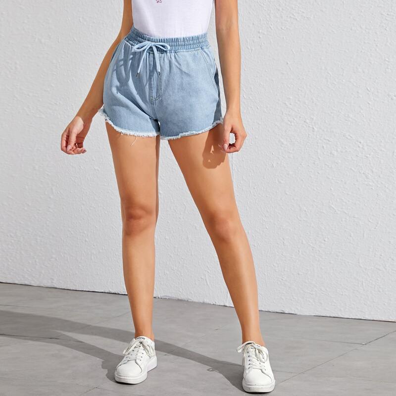 

Drawstring Waist Raw Hem Denim Shorts, Blue pastel