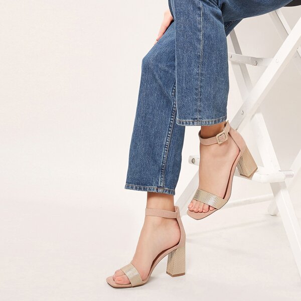 

Chevron Print Ankle Strap Block Heel Sandals, Apricot