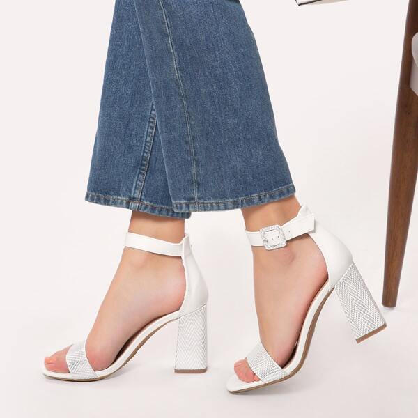 

Metallic Print Square Toe Chunky Heel Sandals, White