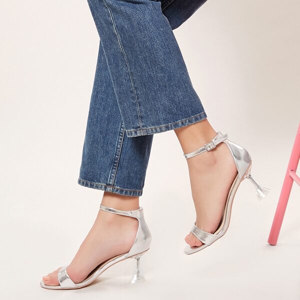 

Metallic Open Toe Buckled Ankle Flare Heel Sandals, Silver