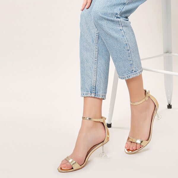 

Metallic Open Toe Ankle Strap Acrylic Heel Sandals, Gold