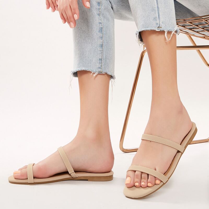 

Twin Thin Band Open Toe Flat Slide Sandals, Apricot