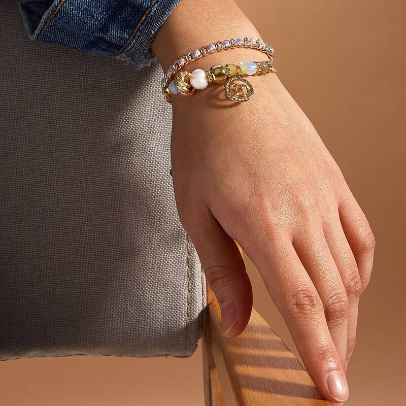 

2pcs Bead Decor String & Chain Bracelet, Gold