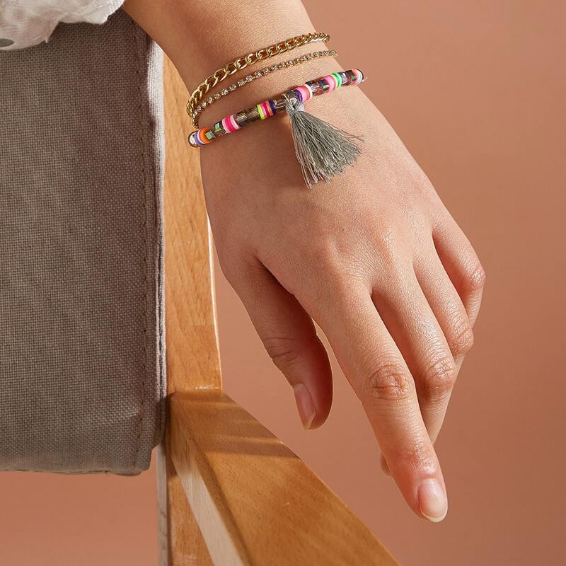 

1pc Tassel & Rhinestone Engraved Layered Bracelet, Multicolor