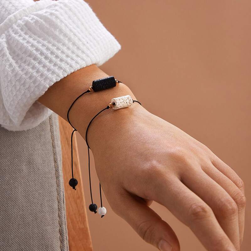 

2pcs Volcanic Stone Decor String Couple Bracelet, Black and white