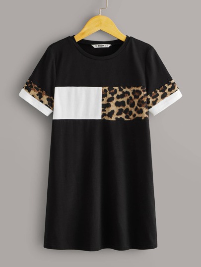 فستان ستايل تي شيرت نمط جلد الفهد وبالوان متجانسة للبنات