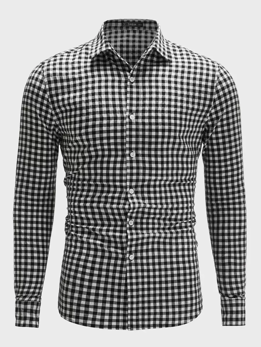Manfinity BRENVOR Men Cotton Gingham Print Shirt, Long Sleeve Regular Work Shirt, For Boyfriend Gift, Fall, Couple Things