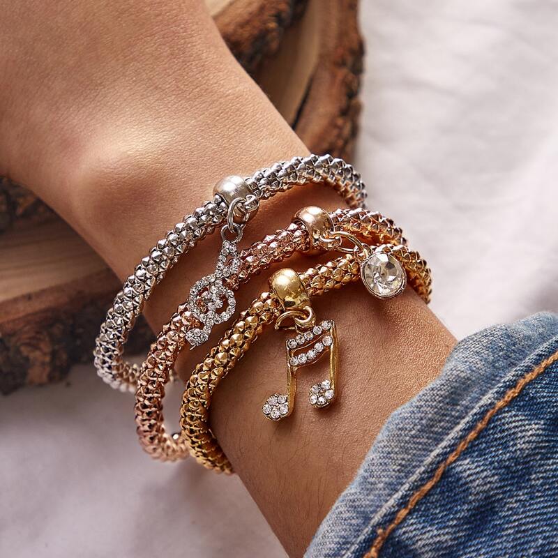 

3pack Rhinestone Decor Musical Note Bracelet, Multicolor