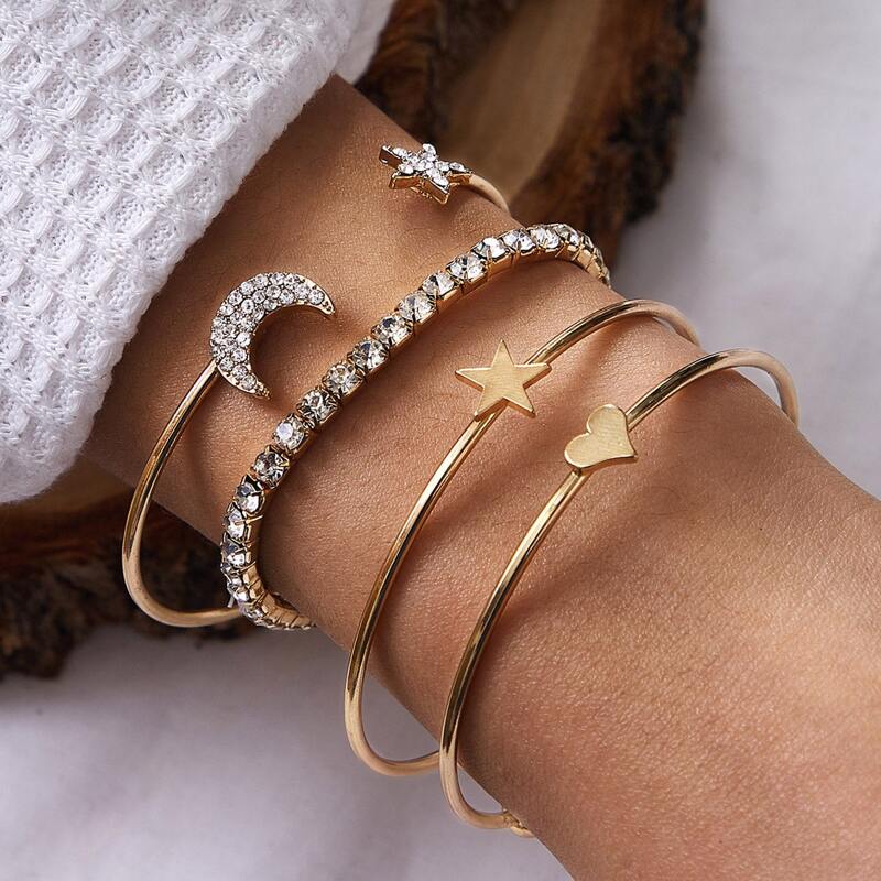 

4pcs Heart & Star Decor Bracelet, Gold
