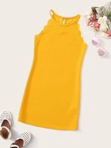 SHEIN Girls Scallop Trim Halter Dress - Yellow - View 1