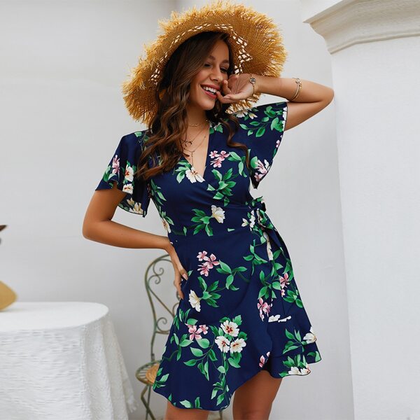 

Floral Print Knot Side Wrap Dress, Navy blue