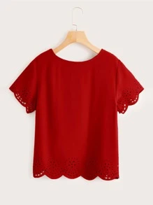 SHEIN LUNE Solid Laser Cut Scalloped Top - Red - View 2