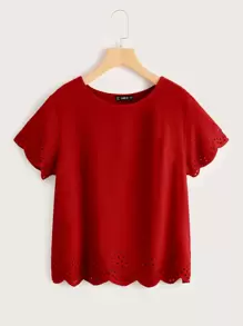 SHEIN LUNE Solid Laser Cut Scalloped Top - Red - View 1