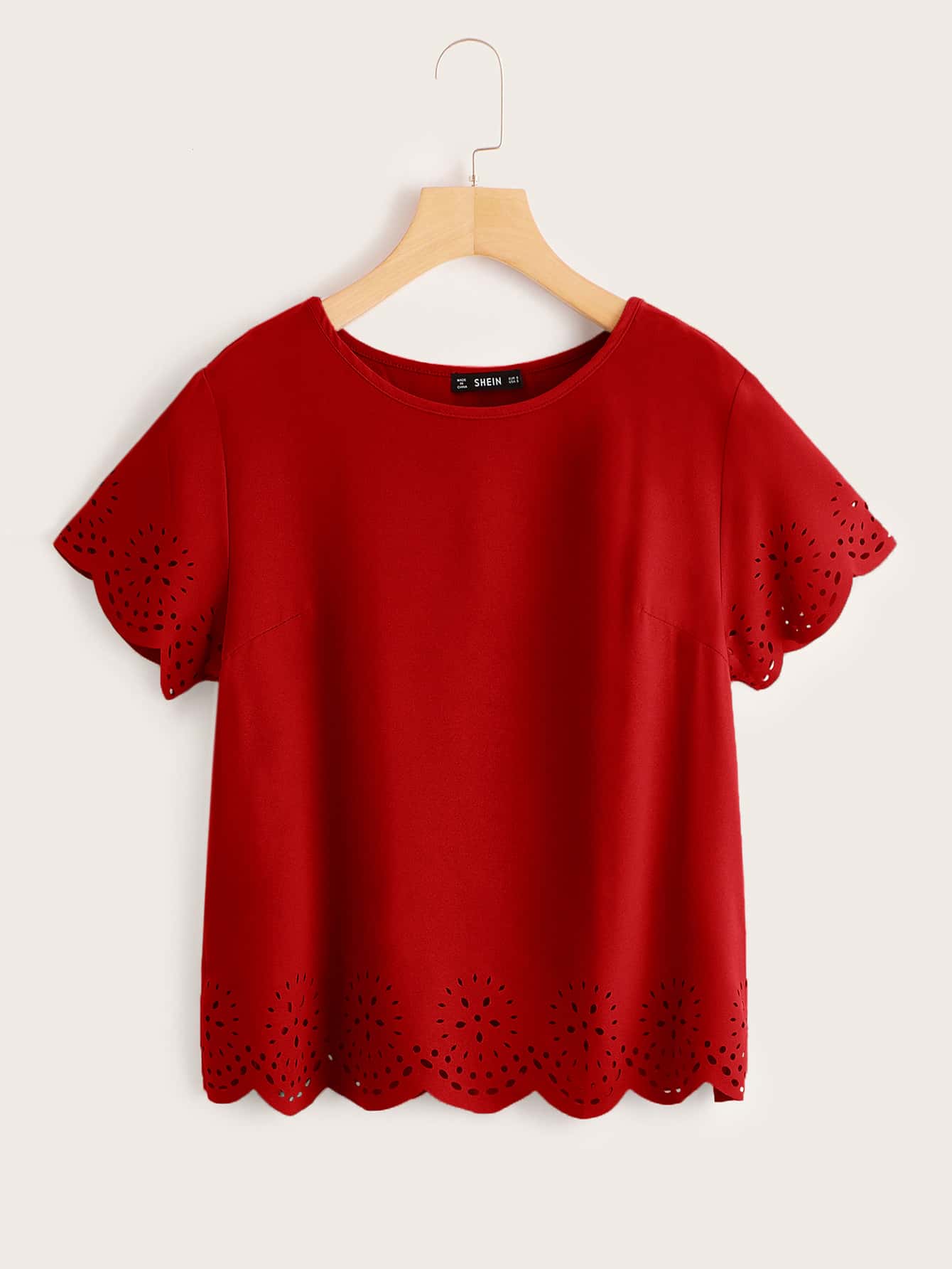SHEIN LUNE Solid Laser Cut Scalloped Top - Red - View 1